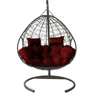 фото Подвесное кресло планета про для двоих с ротангом серое, бордовая подушка