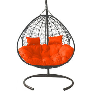 фото Подвесное кресло планета про для двоих с ротангом серое, оранжевая подушка