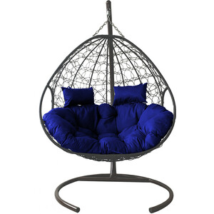 фото Подвесное кресло планета про для двоих с ротангом серое, синяя подушка