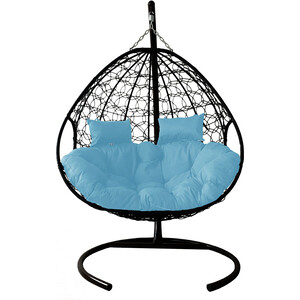 фото Подвесное кресло планета про для двоих с ротангом черное, голубая подушка