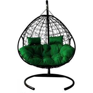 фото Подвесное кресло планета про для двоих с ротангом черное, зеленая подушка