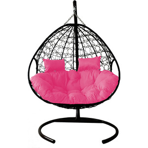 фото Подвесное кресло планета про для двоих с ротангом черное, розовая подушка