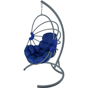 фото Подвесное кресло планета про веер без ротанга серое, синяя подушка