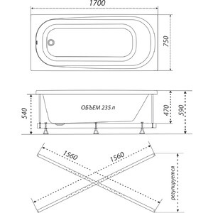Акриловая ванна Triton Дина 170x75 на каркасе, с фронтальной панелью (Щ0000048442, Щ0000028743)