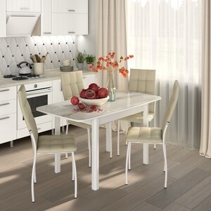 Обеденный комплект Бител Флорида СМ-4 стол ножки массив прямые белые, четыре стула Волна белый/крем (BTL10000598) marcel walnut fabric комплект из 4 стульев