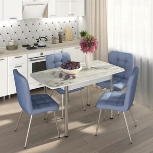 Обеденный комплект Бител Флорида стол СМ-6 ножки сталь прямые белые/хром, четыре стула Милан хром/голубой (BTL10000573)