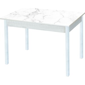 Стол обеденный Катрин Альфа с фотопечатью, бетон белый, белый мрамор, опора квадро белый муар