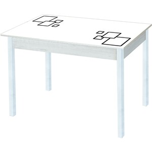 Стол обеденный Катрин Альфа с фотопечатью, бетон белый, квадраты на белом, опора квадро белый муар стол обеденный катрин альфа с фотопечатью бетон белый мрамор опора квадро муар