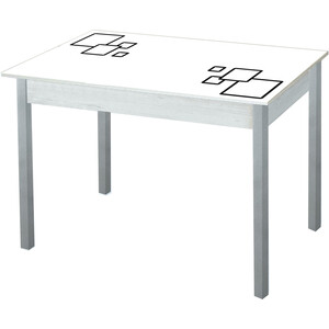 Стол обеденный Катрин Альфа с фотопечатью, бетон белый, квадраты на белом, опора квадро серебристый металлик стол обеденный катрин альфа с фотопечатью бетон белый мрамор опора квадро муар