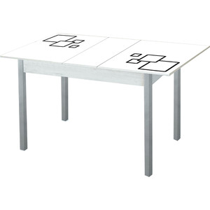 Стол обеденный Катрин Альфа с фотопечатью, бетон белый, квадраты на белом, опора квадро серебристый металлик