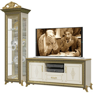фото Гостиная мэри версаль гв-01к шкаф 1-дверный с короной + гв-03 тумба tv, цвет слоновая кость, корона № 1 в комплекте
