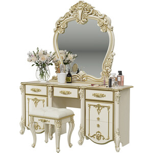 фото Стол туалетный мэри дольче вита сдв-05 с зеркалом сдв-06, пуф сдв-07, цвет слоновая кость/золото