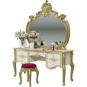 Стол туалетный Мэри Шейх СШ-05 с зеркалом СШ-06, пуф СШ-07, цвет слоновая кость/золото