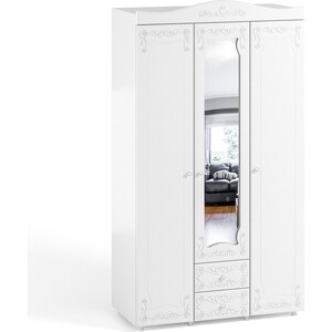Шкаф трехдверный ОЛМЕКО Италия ИТ-57 с зеркальной дверью и ящиками, белое дерево шкаф для белья олмеко афина аф 32 с зеркальной дверью и ящиками белое дерево