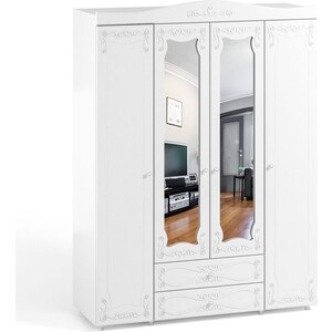 Шкаф четырехдверный ОЛМЕКО Италия ИТ-63 две зеркальные дверцы, с ящиками, белое дерево шкаф четырехдверный олмеко афина аф 60 две зеркальные дверцы белое дерево