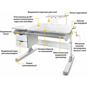 фото Парта трансоформер mealux hamilton multicolor g с полкой, столешница белая, накладки серые (bd-680 wg/mc + s-50)