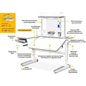 фото Парта трансоформер mealux woodville multicolor energy с полкой, столешница белая, накладки на ножках серые (bd-850 wg/mc energy+bd p-17 w)