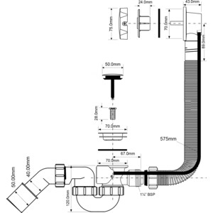 Слив-перелив для ванны McAlpine 57.5 см, хром (MRB2C-PB)