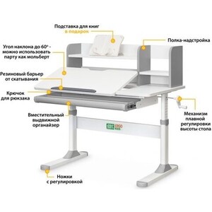 фото Детский стол ergokids th-330 grey столешница белая / накладки на ножках серые (th-330 w/g)