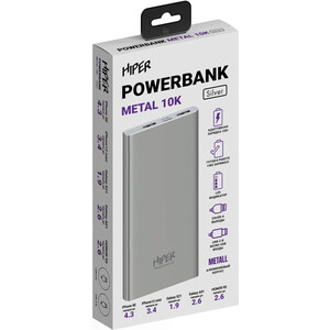 фото Мобильный аккумулятор hiper metal 10k 10000mah 2.4a 2xusb серебристый (metal 10k silver)