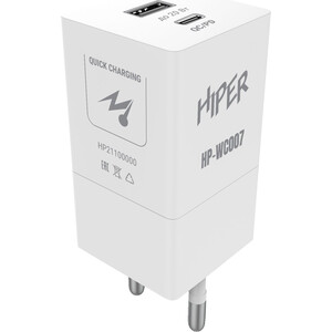 фото Сетевое зарядное устройство (сзу) hiper hp-wc007 3a+2.22a pd+qc универсальное белый