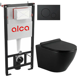 Комплект унитаза Selena Circulo с инсталляцией AlcaPlast, кнопка черная, сиденье микролифт, черный матовый (C001NM/M678) комплект унитаза selena quadra с инсталляцией alcaplast кнопка белая сиденье микролифт q001wg m70