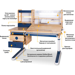 фото Комплект mealux парта oxford wood max bl + кресло ergoback kbl (bd-920 wood max bl + y-1020 kbl) столешница дерево, накладки синие