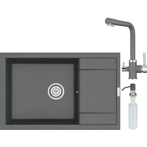 Кухонная мойка и смеситель Point Велета 78 с дозатором, графит (PN3002GR, PN3103GR, PN3201GR)