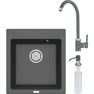 Кухонная мойка и смеситель Point Моко 47 с дозатором, графит (PN3006GR, PN3101GR, PN3201GR)