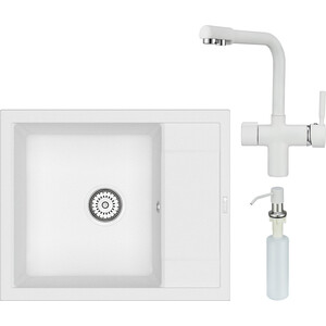 Кухонная мойка и смеситель Point Римо 60 с дозатором, белая (PN3010W, PN3104W, PN3201W)
