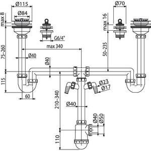 Сифон для кухонной мойки AlcaPlast двойной, два варианта отвода DN115 и DN70, два штуцера (A8000) двойной, два варианта отвода DN115 и DN70, два штуцера (A8000) - фото 2