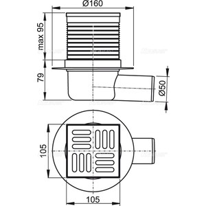 Душевой трап AlcaPlast 105х105/50 подводка боковая, нержавеющая сталь, гидрозатвор мокрый (APV1)