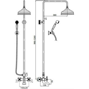 Душевая система Cezares Retro со смесителем для ванны, верхним и ручным душем, хром (Retro-CVD2-01)