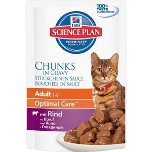 Паучи Hill's Science Plan Optimal Care Adult Beef Chuks in Gravy с говядиной кусочки в подливке для кошек 85г (2106)