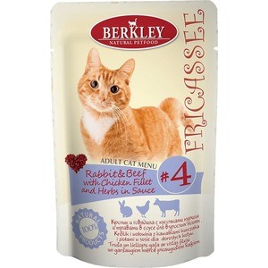 Паучи Berkley Fricasse Cat Menu Rabbit& Beef,Chicken Fillet&Herbs in Sauce № 4 с кроликом, говядиной и курицей в соусе для кошек 85г (75253)