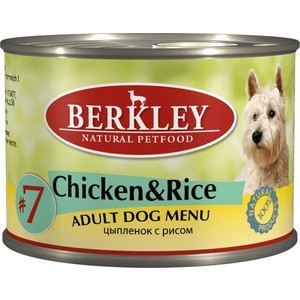 Консервы Berkley Adult Dog Menu Chicken & Rice № 7 с цыпленком и рисом для взрослых собак 200г (75003)
