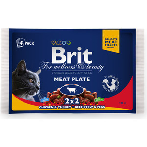 фото Паучи brit premium cat meat plate мясная тарелка говядина с горошком и курица с индейкой для кошек набор 4шт*100г (100312)