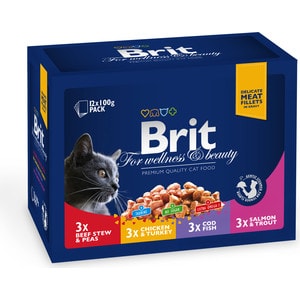 фото Паучи brit premium cat ассорти ''семейное'' с говядиной, курицей, треской и лососем для кошек набор 12шт*100г (100313)