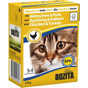 фото Консервы bozita chunks in sauce with chicken & turkey кусочки в соусе с курицей и индейкой для кошек 370г (4934)