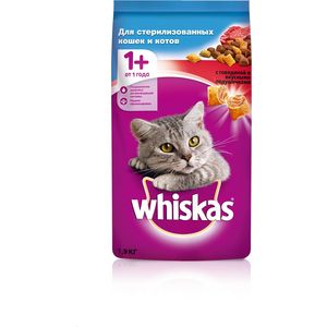 Сухой корм Whiskas с говядиной и вкусными подушечками для стерилизованных кошек 1,9кг (10139180) с говядиной и вкусными подушечками для стерилизованных кошек 1,9кг (10139180) - фото 1