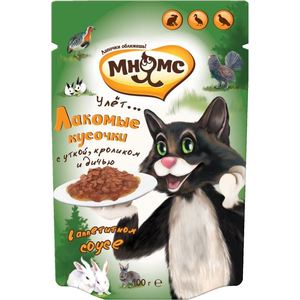 фото Паучи мнямс лакомые кусочки с уткой, кроликом и дичью в аппетитном соусе для кошек 100г