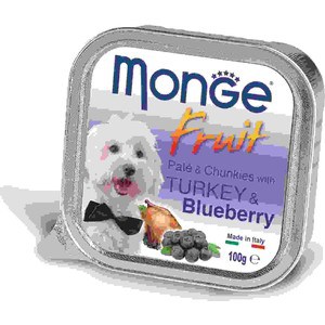 фото Консервы monge dog fruit pate and chunkies with turkey & blueberry паштет и кусочки с индейкой и черникой для собак 100г