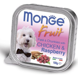 фото Консервы monge dog fruit pate and chunkies with chicken & raspberry паштет и кусочки с курицей и малиной для собак 100г