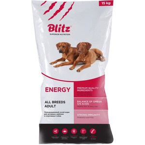 Сухой корм Blitz Petfood Superior Nutrition Adult Dog All Breeds Energy с курицей для активных, рабочих и спортивных собак всех пород 15кг Сухой корм Blitz Petfood Superior Nutrition Adult Dog All Breeds Energy с курицей для активных, рабочих и спортивных собак всех пород 15кг