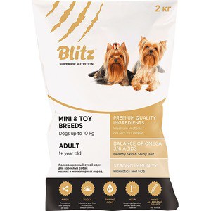 Сухой корм Blitz Petfood Superior Nutrition Adult Dog Mini & Toy Breeds up to10kg с курицей для взрослых собак миниатюрных и мелких пород 2кг - фото 1