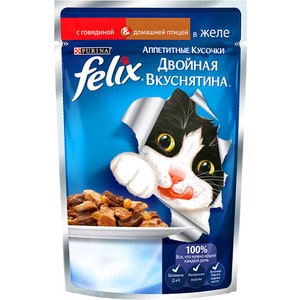 фото Паучи felix двойная вкуснятина аппетитные кусочки в желе с говядиной & домашней птицей для кошек 85г (12294934)