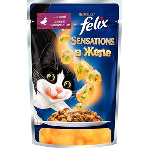 фото Паучи felix sensations кусочки с уткой в желе со шпинатом для кошек 85г (12318963)