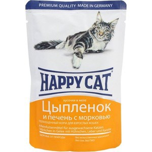 Паучи Happy Cat Цыпленок и печень с морковью кусочки в желе для взрослых кошек 100г (1002308)