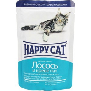фото Паучи happy cat лосось и креветки кусочки в желе для взрослых кошек 100г (1002310)
