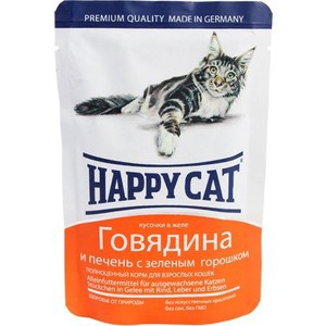 Паучи Happy Cat Говядина и печень с зеленым горошком кусочки в желе для взрослых кошек 100г (1002311) Говядина и печень с зеленым горошком кусочки в желе для взрослых кошек 100г (1002311) - фото 1